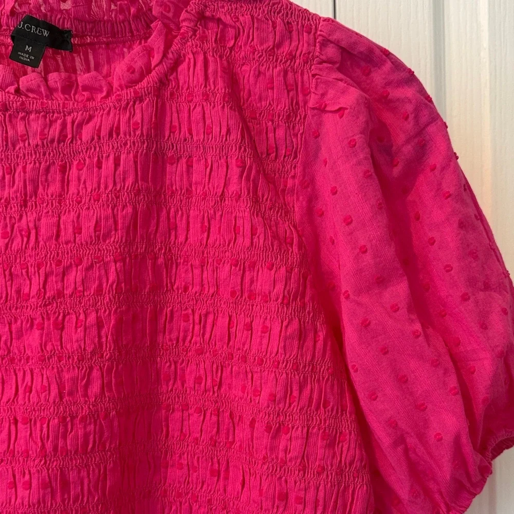 J. Crew Hot Pink Textured Dot Puff-Sleeve Smocked Top